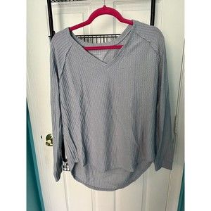 American Eagle Soft Sexy Plush Waffle Knit Shirt Blue Long Sleeve Top VNeck Sz M